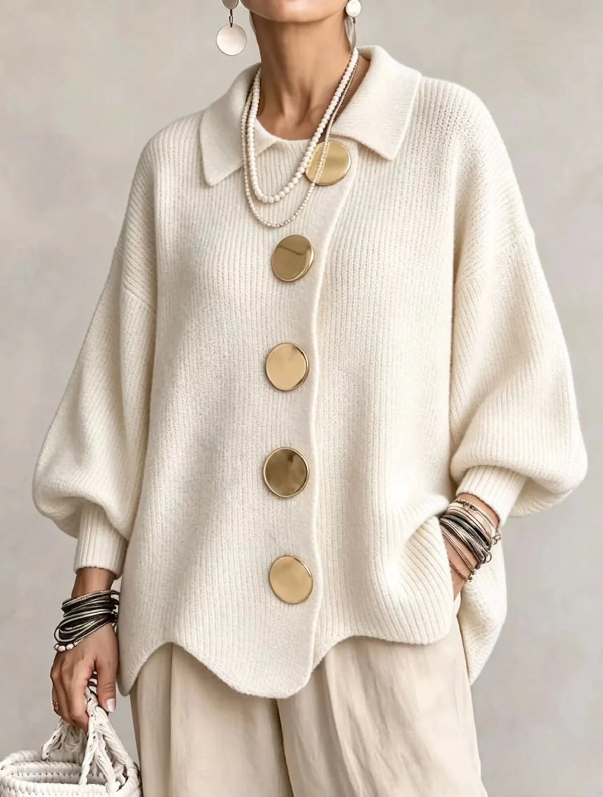White Women's Oversized Cardigan with Lantern Sleeves & Scalloped Hem
