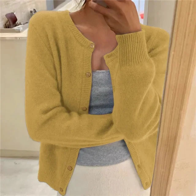Yellow Women's Oversized Cardigan with Button-Front Closure & Ribbed Cuffs