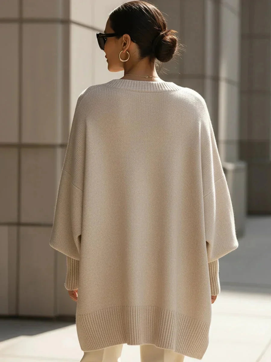 Beige Women's Oversized Cashmere Sweater with Batwing Sleeves & Asymmetric Hem — Lena - Back Full