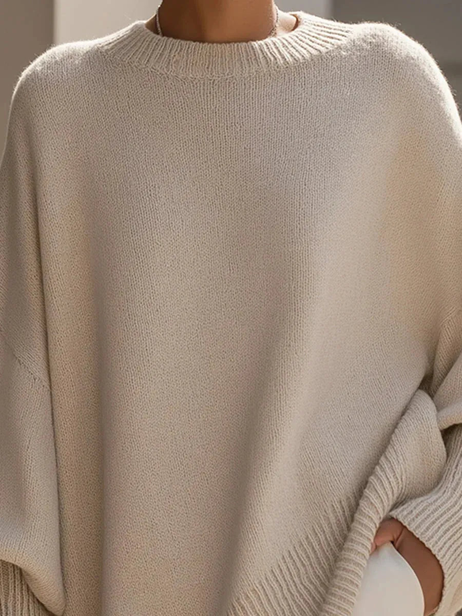 Beige Women's Oversized Cashmere Sweater with Batwing Sleeves & Asymmetric Hem — Lena - Close Up Neckline