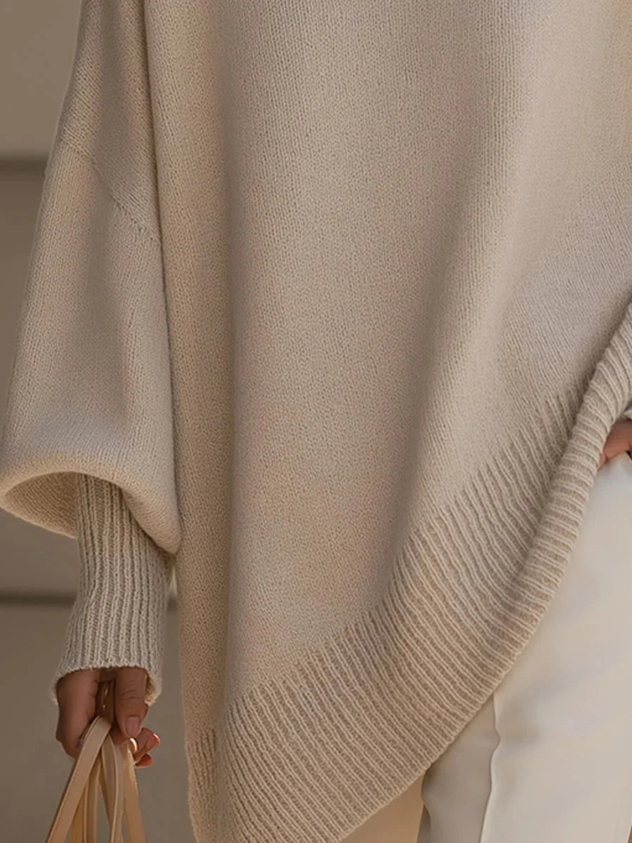 Women's Oversized Cashmere Sweater with Batwing Sleeves & Asymmetric Hem - Hem Detail