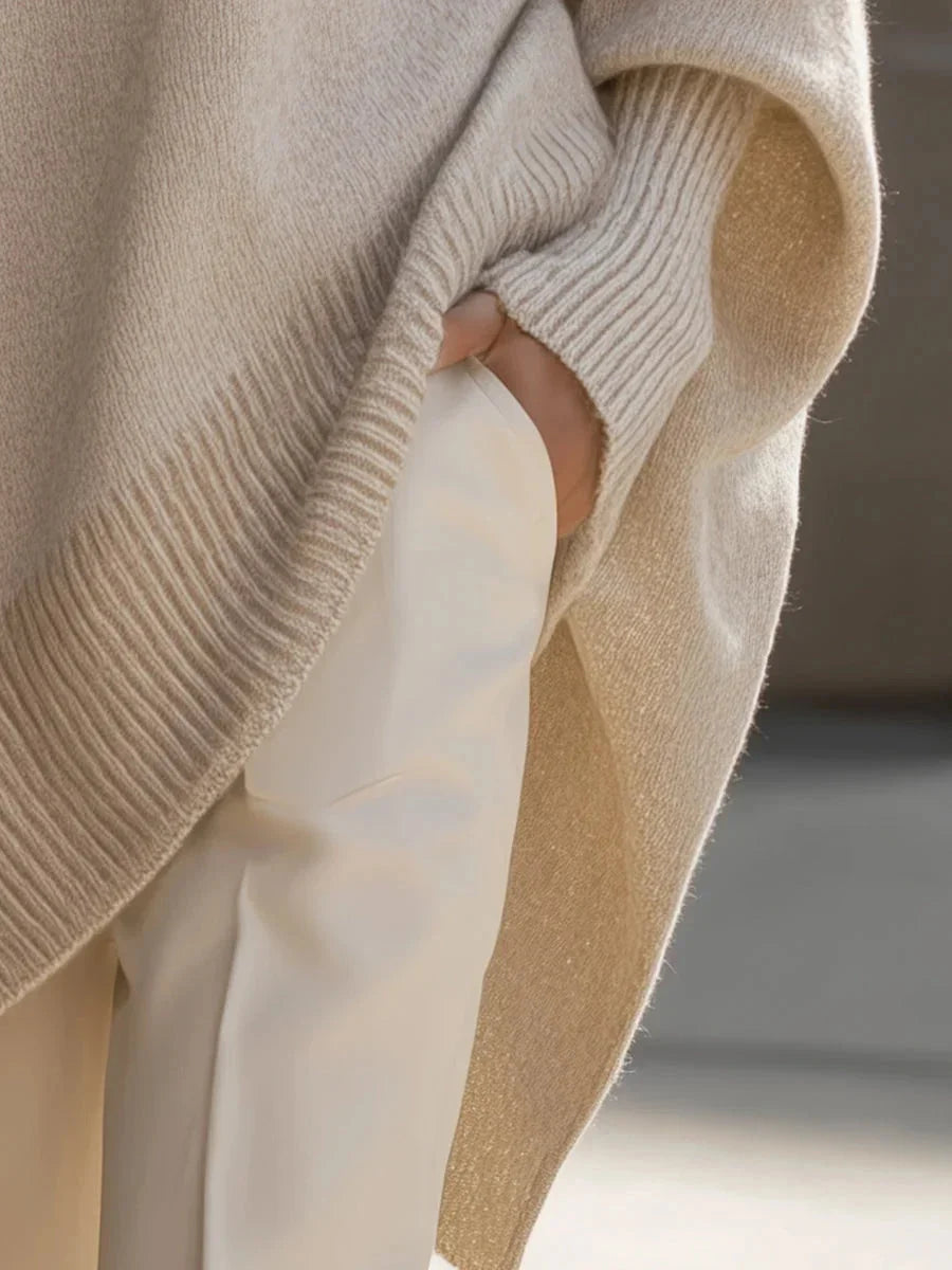 Women's Oversized Cashmere Sweater with Batwing Sleeves & Asymmetric Hem - Sleeve Detail