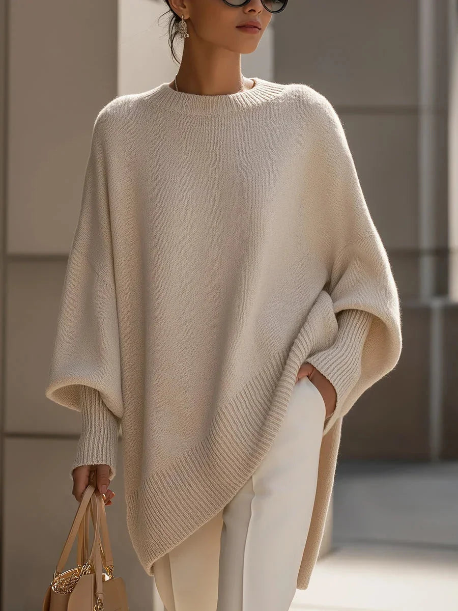 Beige Women's Oversized Cashmere Sweater with Batwing Sleeves & Asymmetric Hem