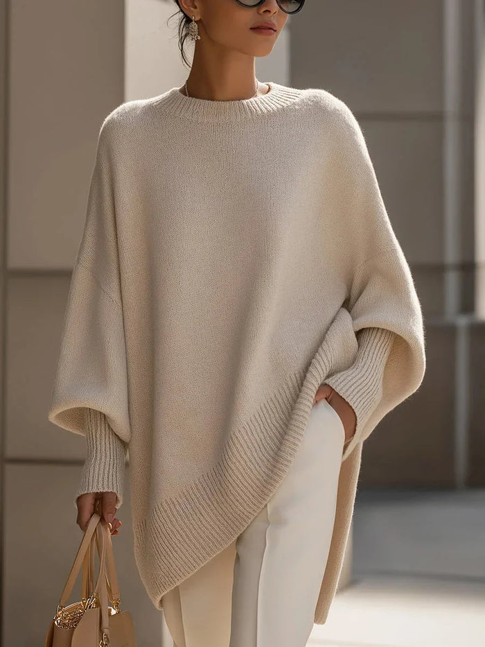 Beige Women's Oversized Cashmere Sweater with Batwing Sleeves & Asymmetric Hem