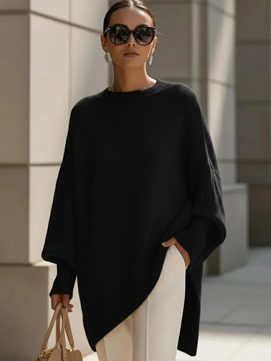 Black Women's Oversized Cashmere Sweater with Batwing Sleeves & Asymmetric Hem