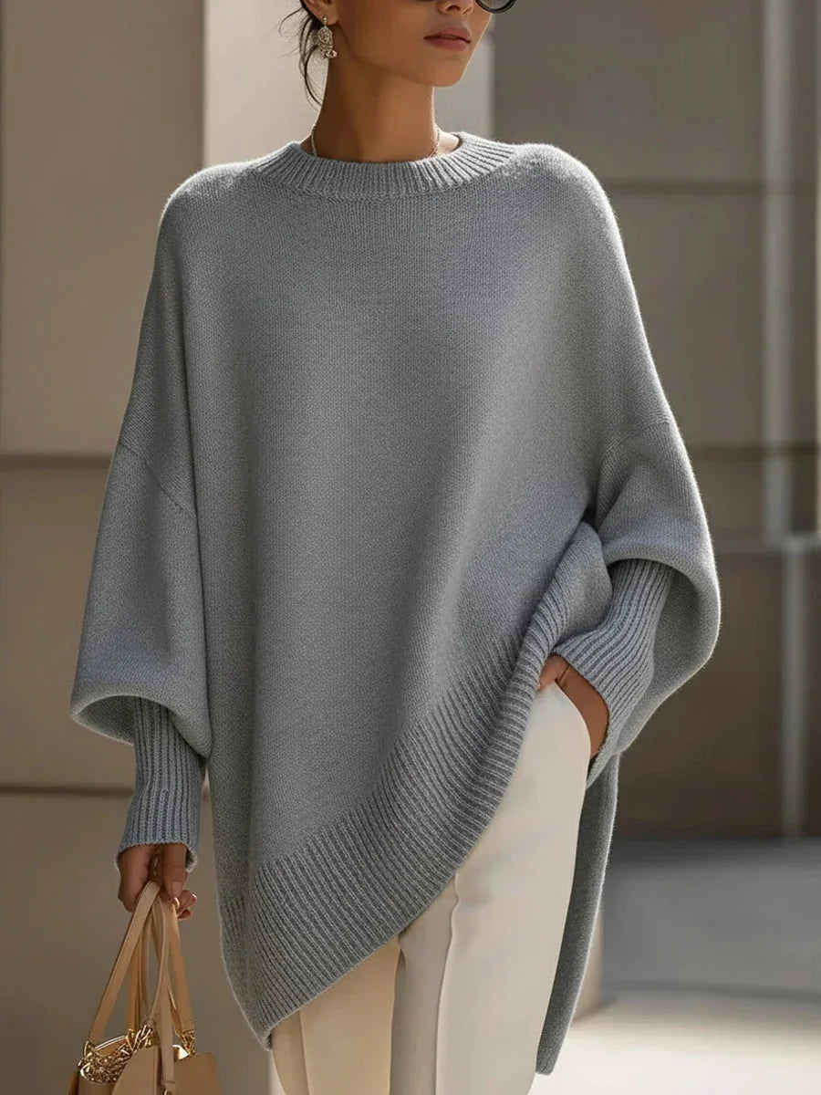 Gray Women's Oversized Cashmere Sweater with Batwing Sleeves & Asymmetric Hem — Lena