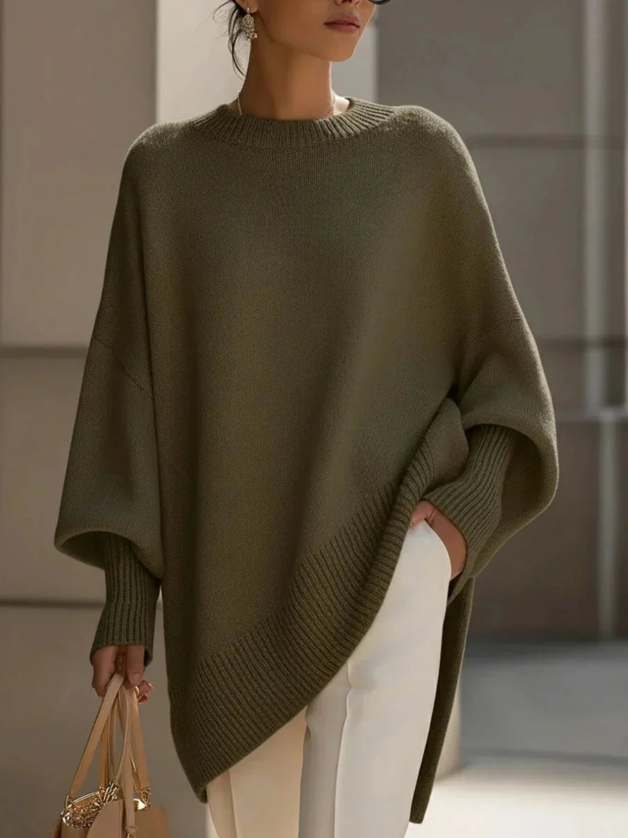 Olive Green Women's Oversized Cashmere Sweater with Batwing Sleeves & Asymmetric Hem — Lena