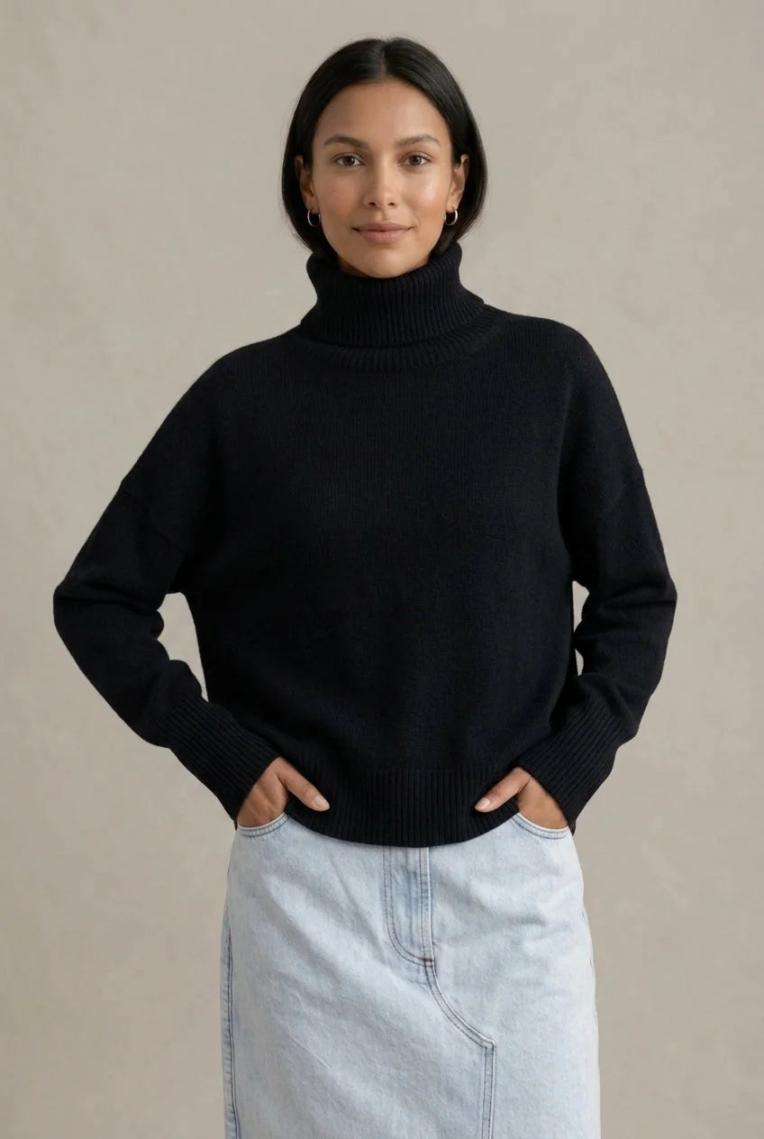 Black Women's Cashmere Turtleneck Sweater with Ribbed Cuffs & Relaxed Oversized Fit — Violetta