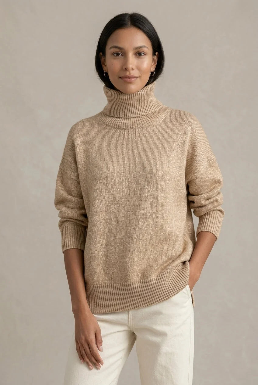 Khaki Women's Cashmere Turtleneck Sweater with Ribbed Cuffs & Relaxed Oversized Fit — Violetta