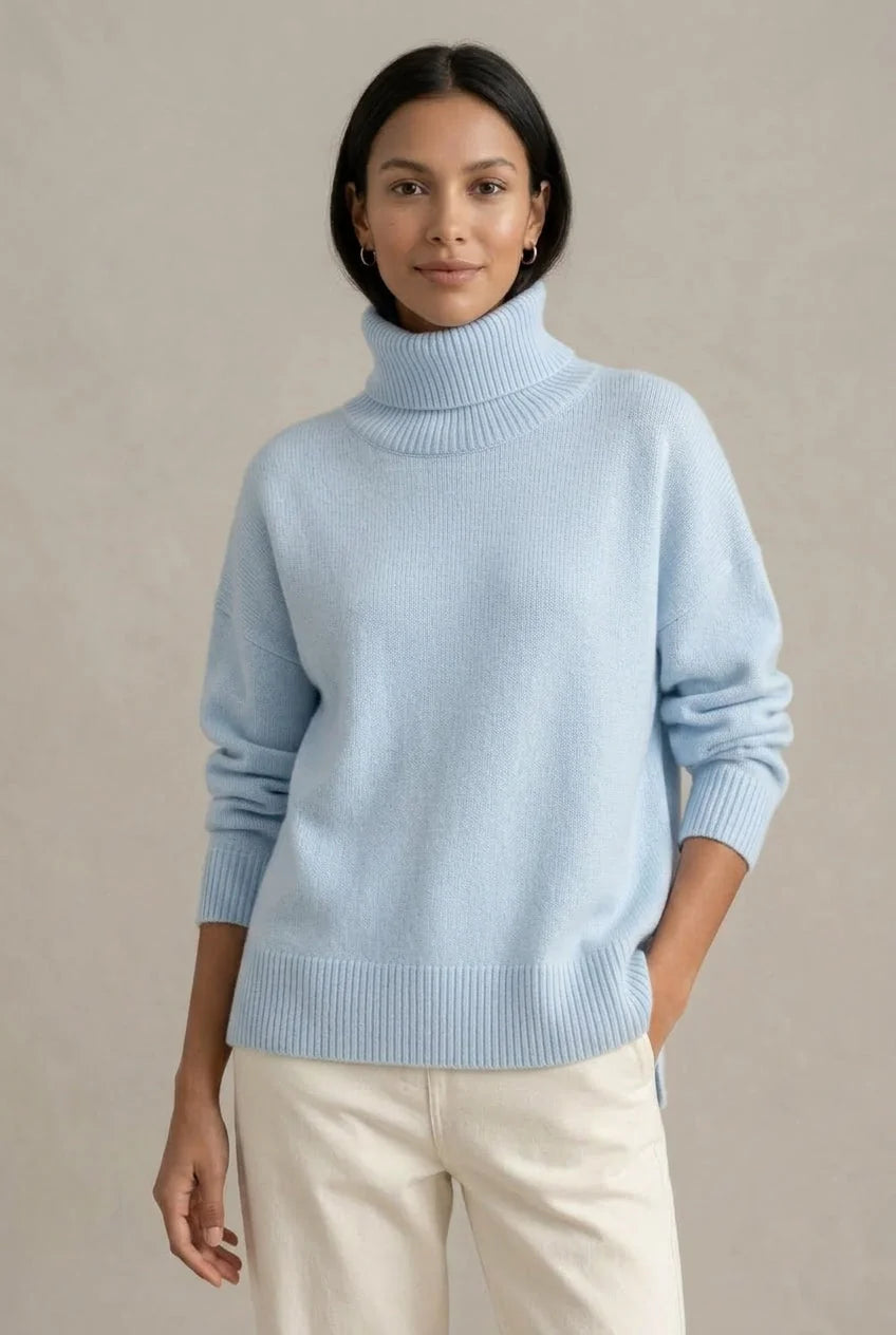 Light Blue Women's Cashmere Turtleneck Sweater with Ribbed Cuffs & Relaxed Oversized Fit — Violetta
