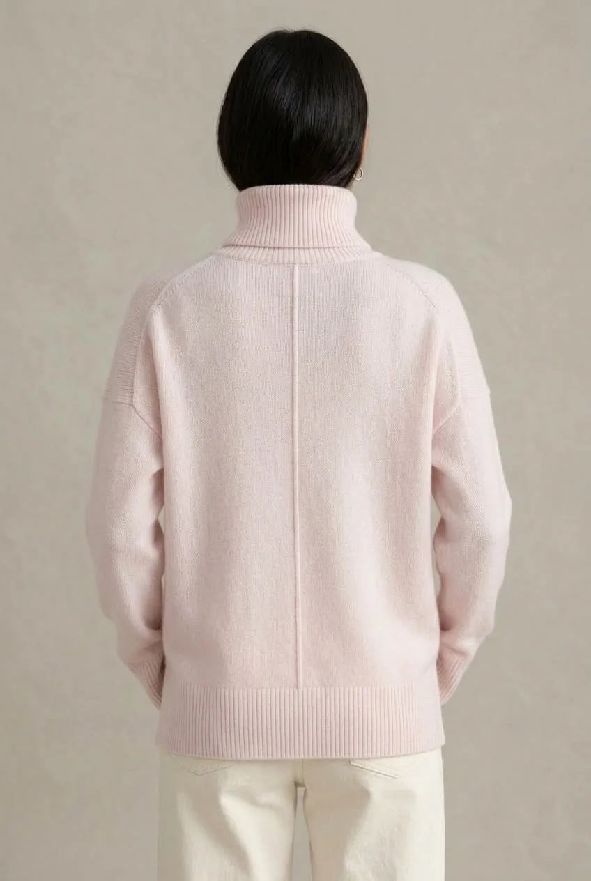 Pink Women's Cashmere Turtleneck Sweater with Ribbed Cuffs & Relaxed Oversized Fit — Violetta - Back Full