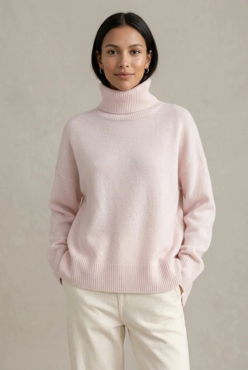 Pink Women's Cashmere Turtleneck Sweater with Ribbed Cuffs & Relaxed Oversized Fit — Violetta