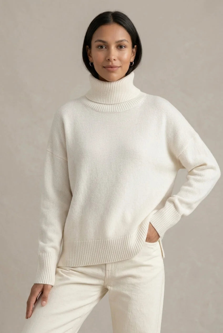 White Women's Cashmere Turtleneck Sweater with Ribbed Cuffs & Relaxed Oversized Fit — Violetta