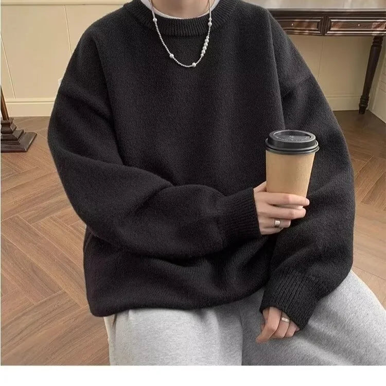 Black Women's Oversized Sweater with Crew Neck & Relaxed Long Sleeves