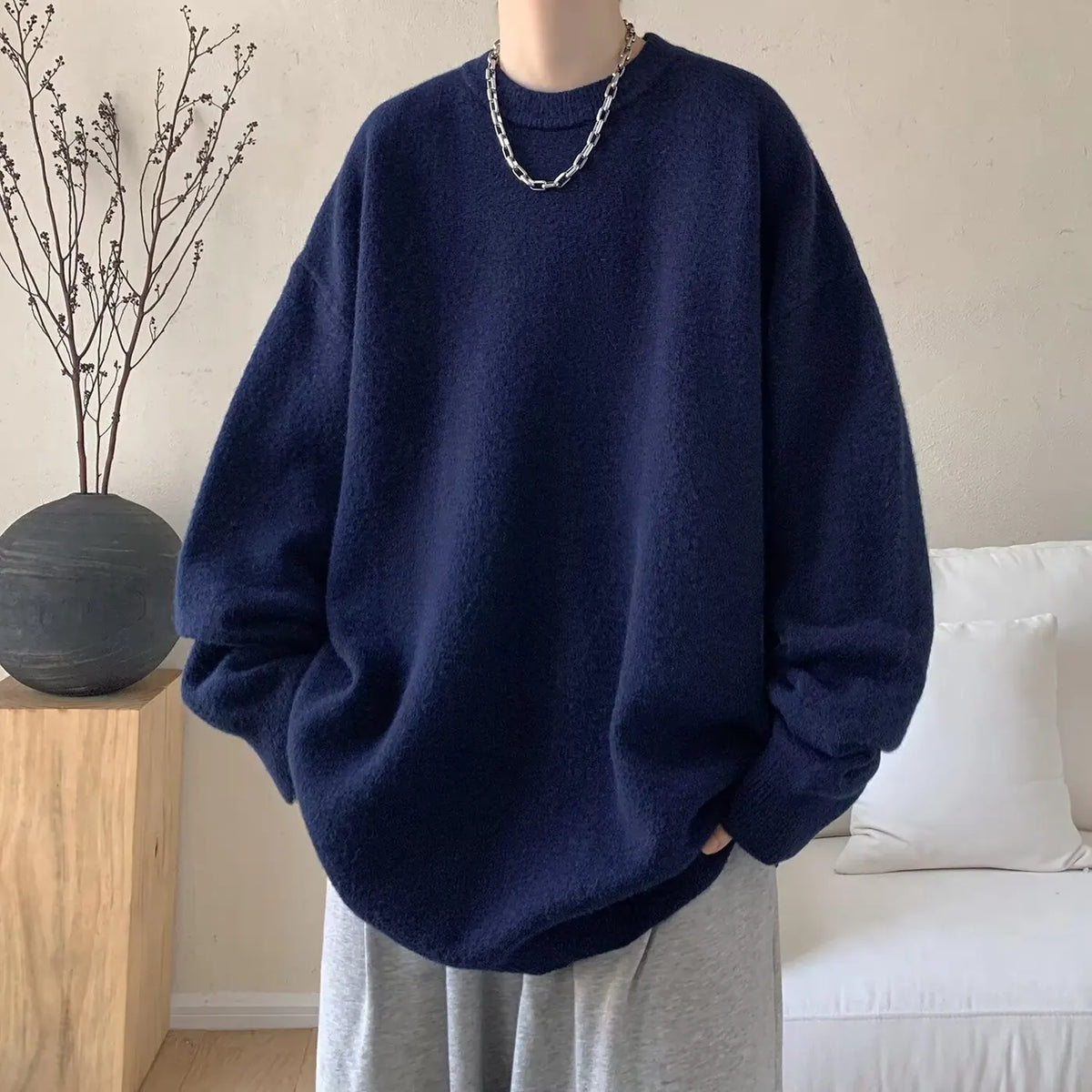 Blue Women's Oversized Sweater with Crew Neck & Relaxed Long Sleeves