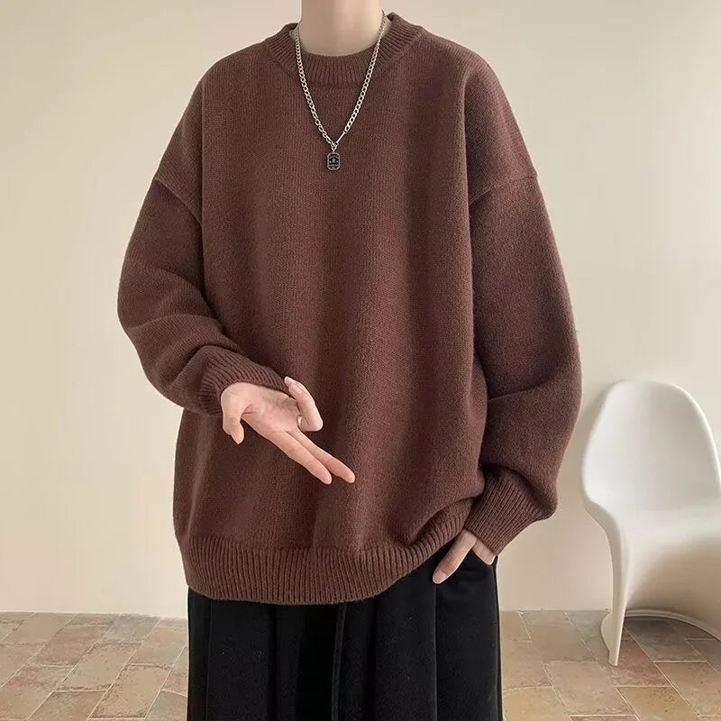 Brown Women's Oversized Sweater with Crew Neck & Relaxed Long Sleeves