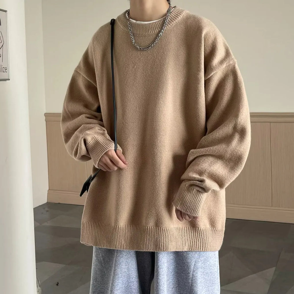 Khaki Women's Oversized Sweater with Crew Neck & Relaxed Long Sleeves