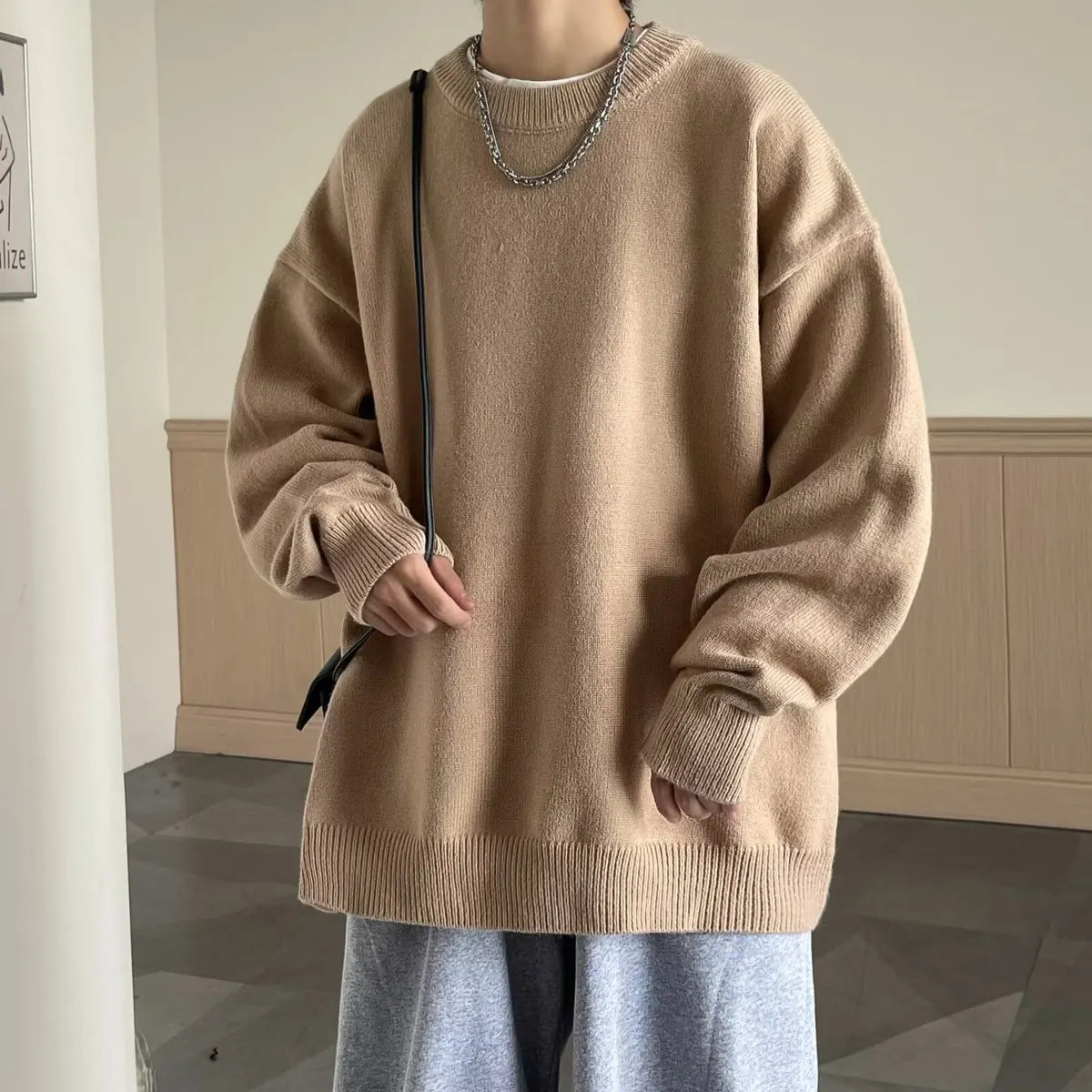 Khaki Women's Oversized Sweater with Crew Neck & Relaxed Long Sleeves