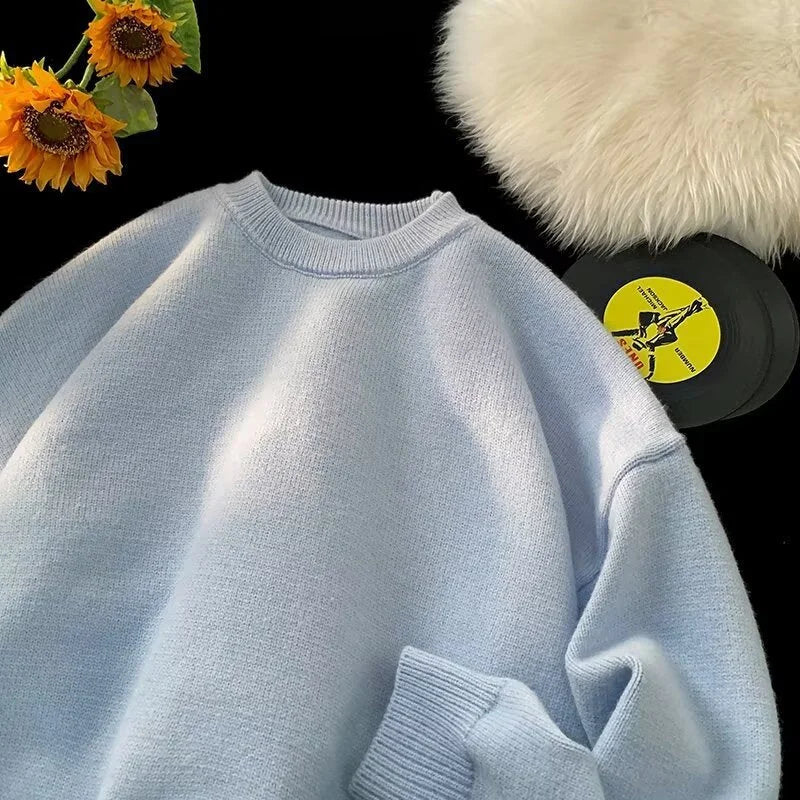 Light Blue Women's Oversized Sweater with Crew Neck & Relaxed Long Sleeves