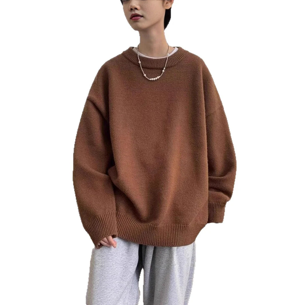 Women's Oversized Sweater with Crew Neck & Relaxed Long Sleeves - Front Worn Casual