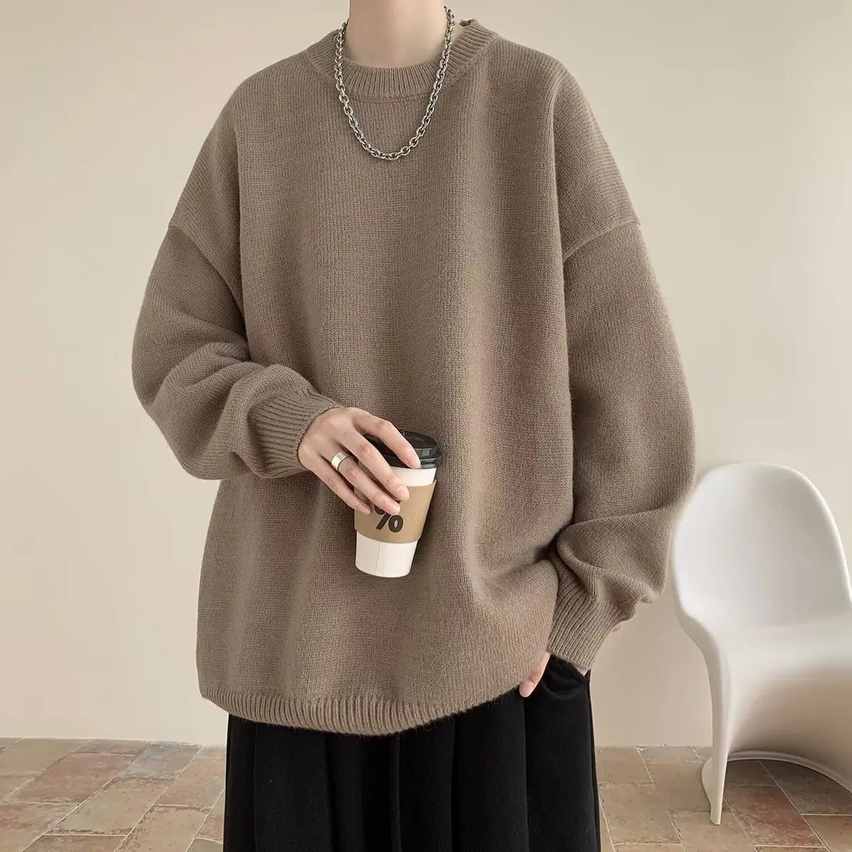 Light Brown Women's Oversized Sweater with Crew Neck & Relaxed Long Sleeves - Front Worn Coffee
