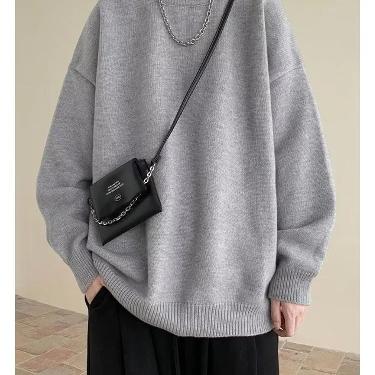 Light Gray Women's Oversized Sweater with Crew Neck & Relaxed Long Sleeves - Front Worn Crossbody