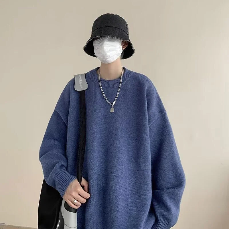 Dark Blue Women's Oversized Sweater with Crew Neck & Relaxed Long Sleeves - Front Worn Bag