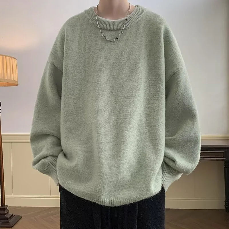 Olive Green Women's Oversized Sweater with Crew Neck & Relaxed Long Sleeves - Front Worn Lamp