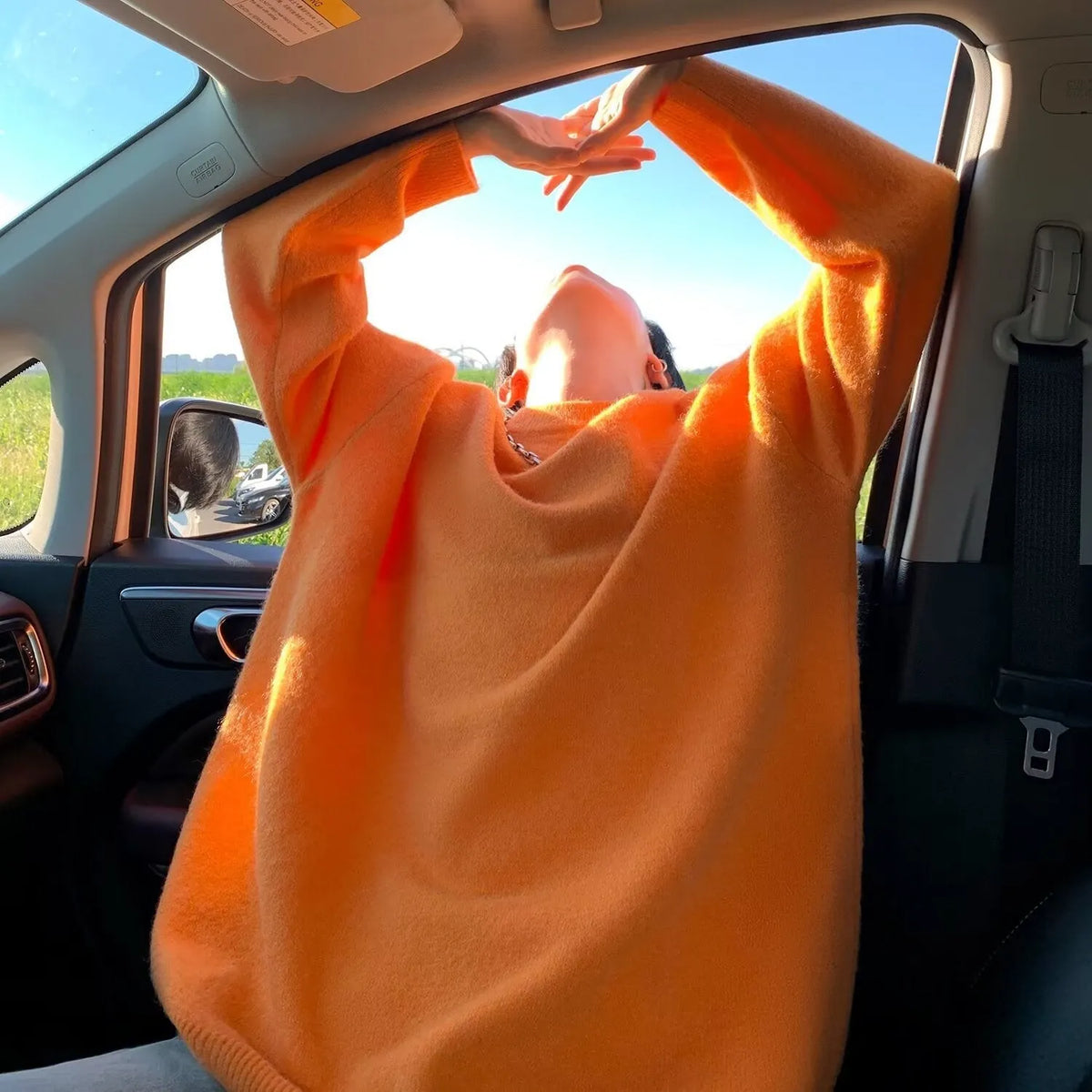 Orange Women's Oversized Sweater with Crew Neck & Relaxed Long Sleeves