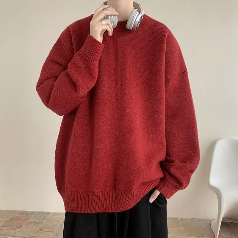 Red Women's Oversized Sweater with Crew Neck & Relaxed Long Sleeves