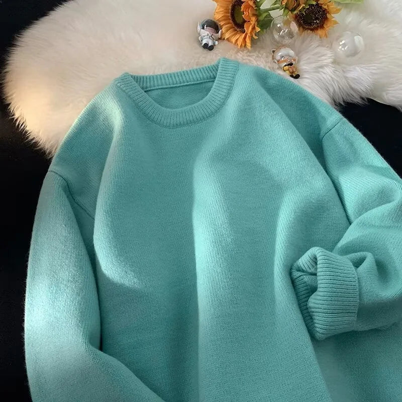 Sea Blue Women's Oversized Sweater with Crew Neck & Relaxed Long Sleeves - Flatlay Teal Detail