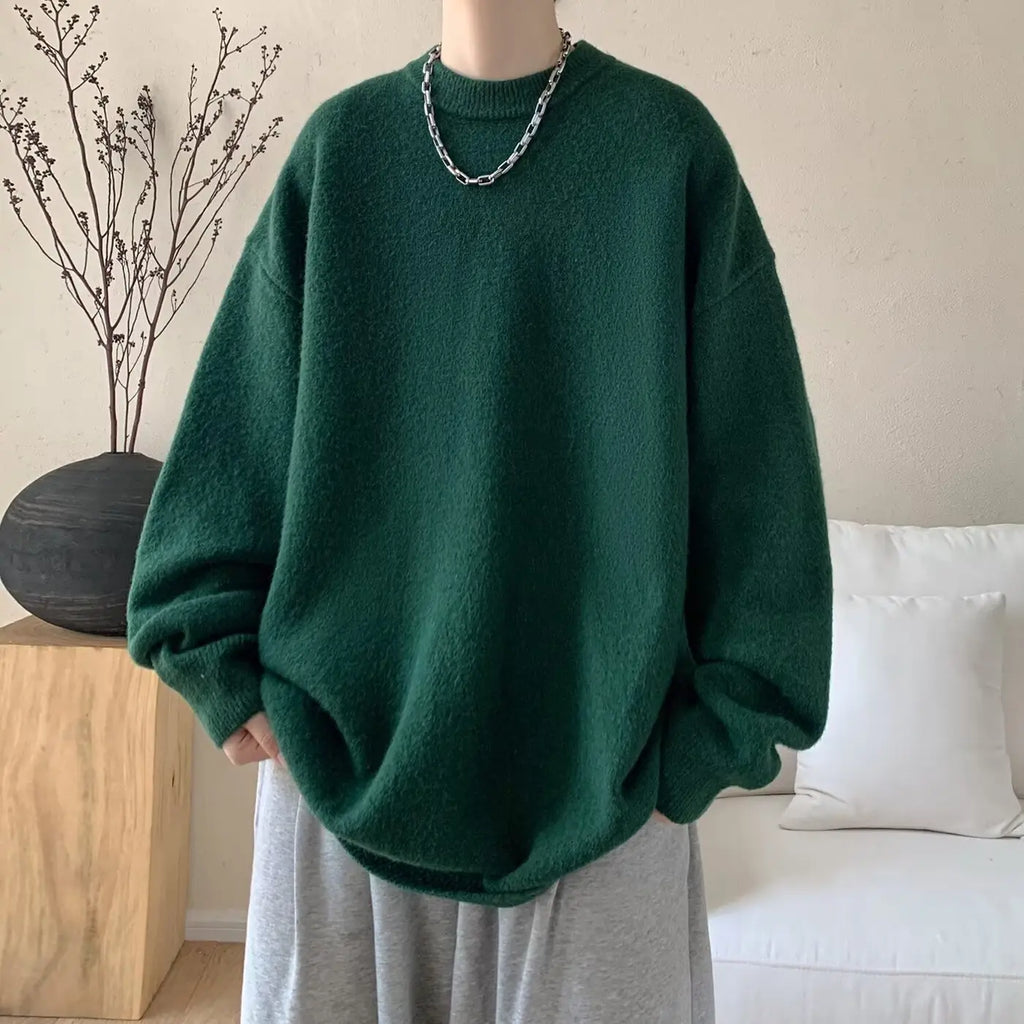 Dark Green Women's Oversized Sweater with Crew Neck & Relaxed Long Sleeves