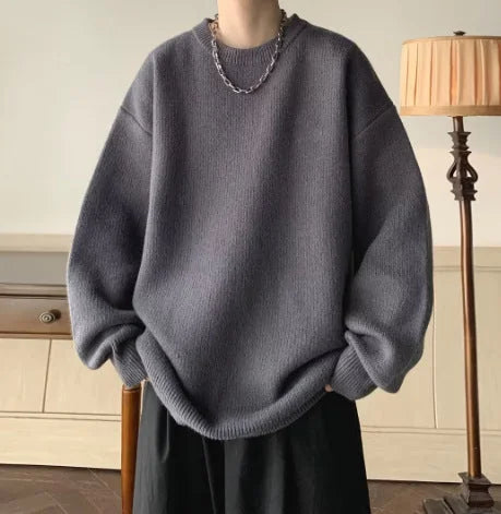 Dark Gray Women's Oversized Sweater with Crew Neck & Relaxed Long Sleeves