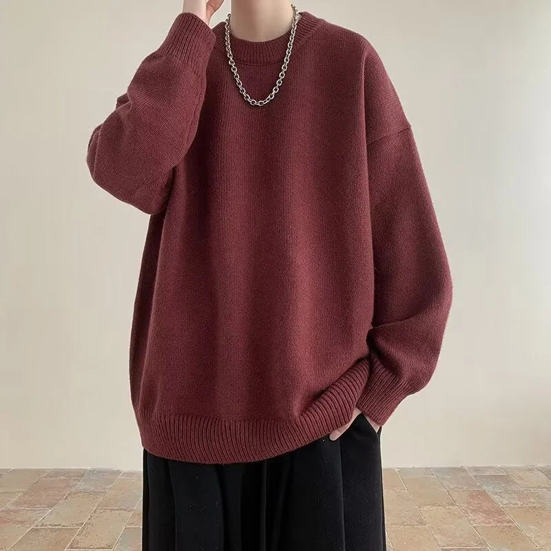 Wine Red Women's Oversized Sweater with Crew Neck & Relaxed Long Sleeves