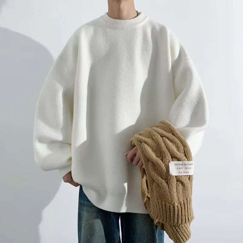 White Women's Oversized Sweater with Crew Neck & Relaxed Long Sleeves