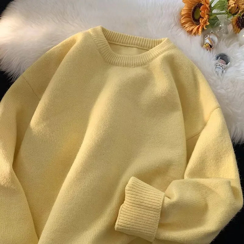 Yellow Women's Oversized Sweater with Crew Neck & Relaxed Long Sleeves