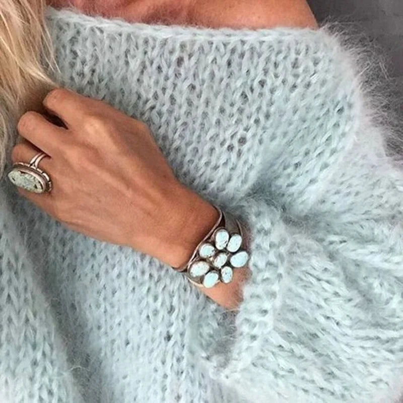 Blue Women's Oversized Crochet Sweater with Open-Knit Texture & Relaxed Pullover Fit