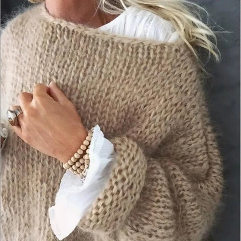 Khaki Women's Oversized Crochet Sweater with Open-Knit Texture & Relaxed Pullover Fit