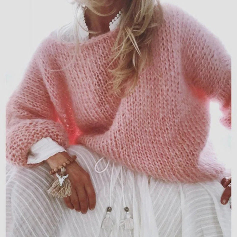 Pink Women's Oversized Crochet Sweater with Open-Knit Texture & Relaxed Pullover Fit