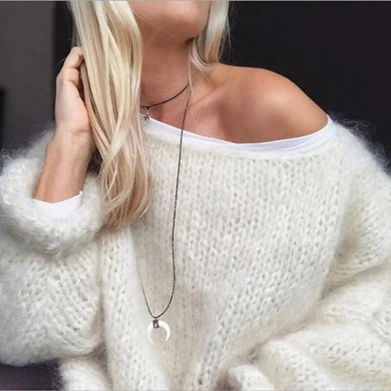 White Women's Oversized Crochet Sweater with Open-Knit Texture & Relaxed Pullover Fit