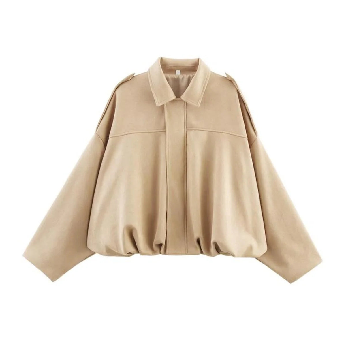 Beige Women's Cropped Faux Suede Bomber Jacket with Oversized Structured Fit — Yvette
