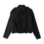 Black Women's Cropped Faux Suede Bomber Jacket with Oversized Structured Fit — Yvette