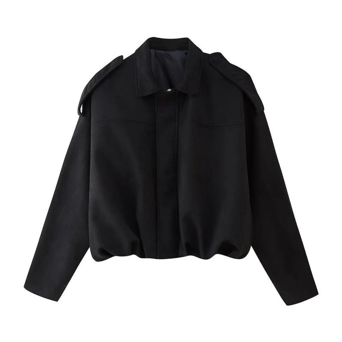 Black Women's Cropped Faux Suede Bomber Jacket with Oversized Structured Fit — Yvette