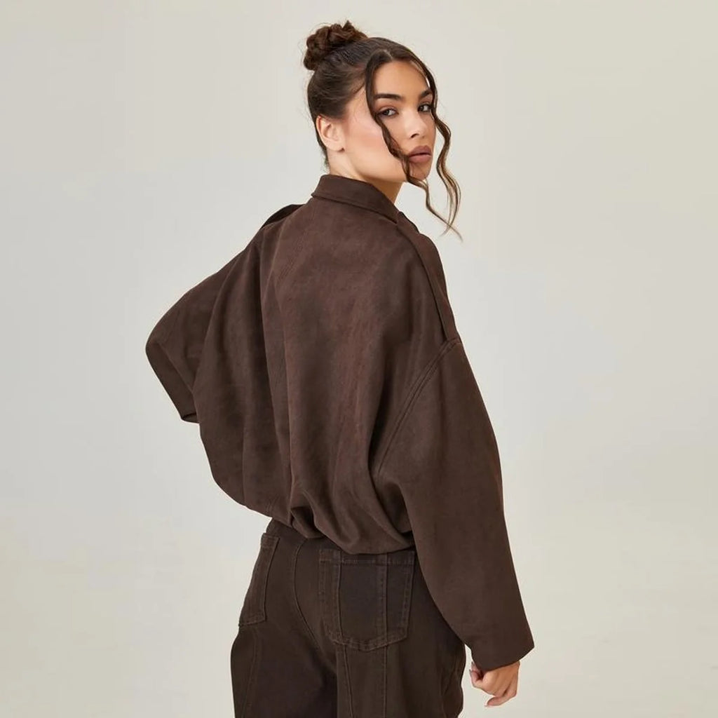 Brown Women's Cropped Faux Suede Bomber Jacket with Oversized Structured Fit — Yvette - Back Full Pose