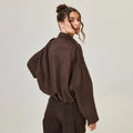 Brown Women's Cropped Faux Suede Bomber Jacket with Oversized Structured Fit — Yvette - Back Full Pose