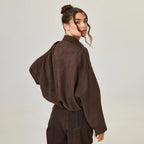 Brown Women's Cropped Faux Suede Bomber Jacket with Oversized Structured Fit — Yvette - Back Full Pose