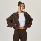 Brown Women's Cropped Faux Suede Bomber Jacket with Oversized Structured Fit — Yvette