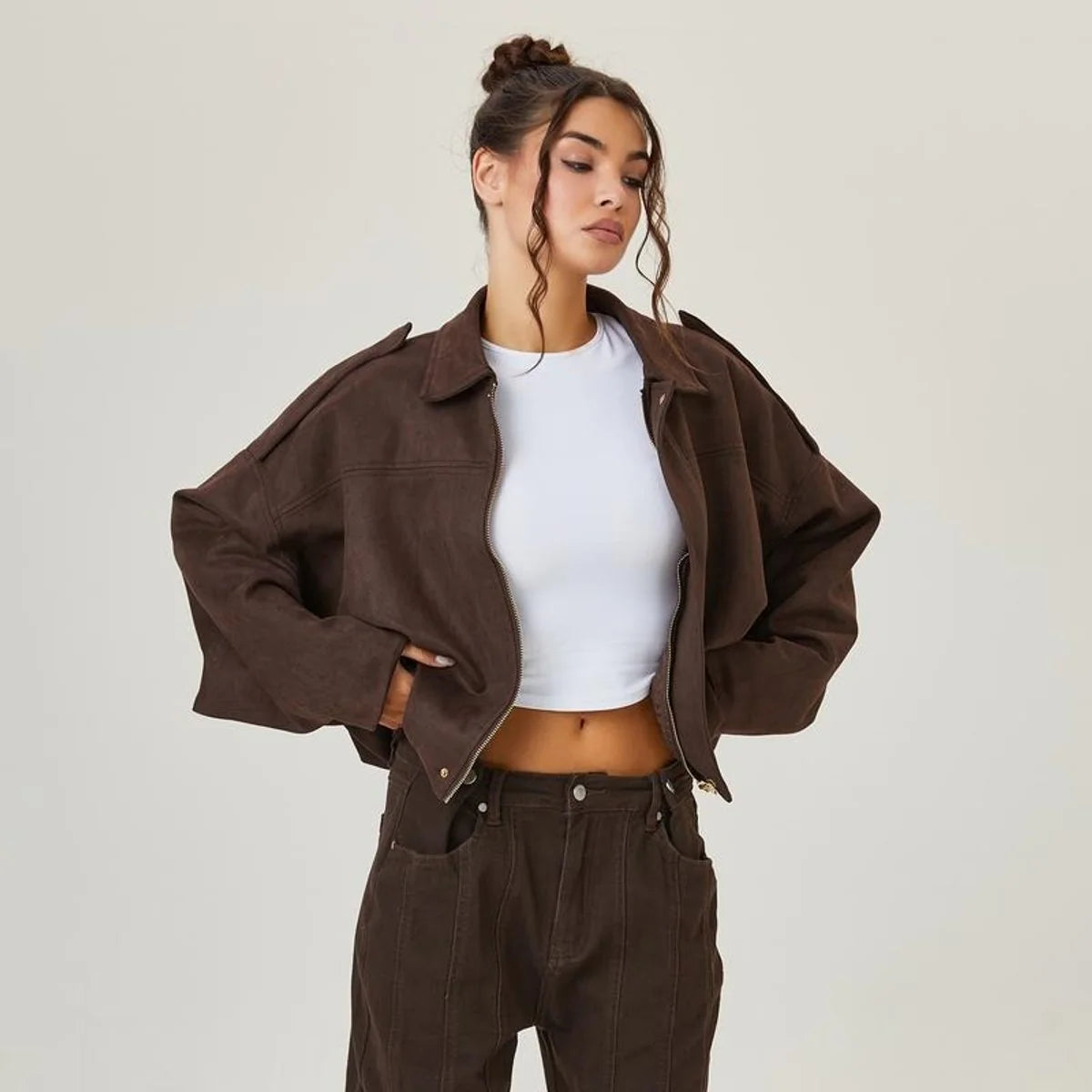 Brown Women's Cropped Faux Suede Bomber Jacket with Oversized Structured Fit — Yvette