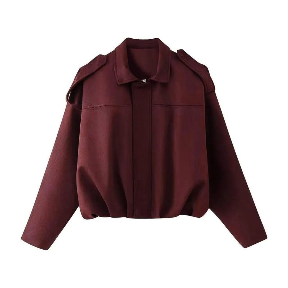 Burgundy Women's Cropped Faux Suede Bomber Jacket with Oversized Structured Fit — Yvette