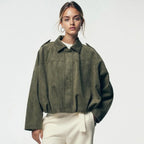 Olive Women's Cropped Faux Suede Bomber Jacket with Oversized Structured Fit — Yvette